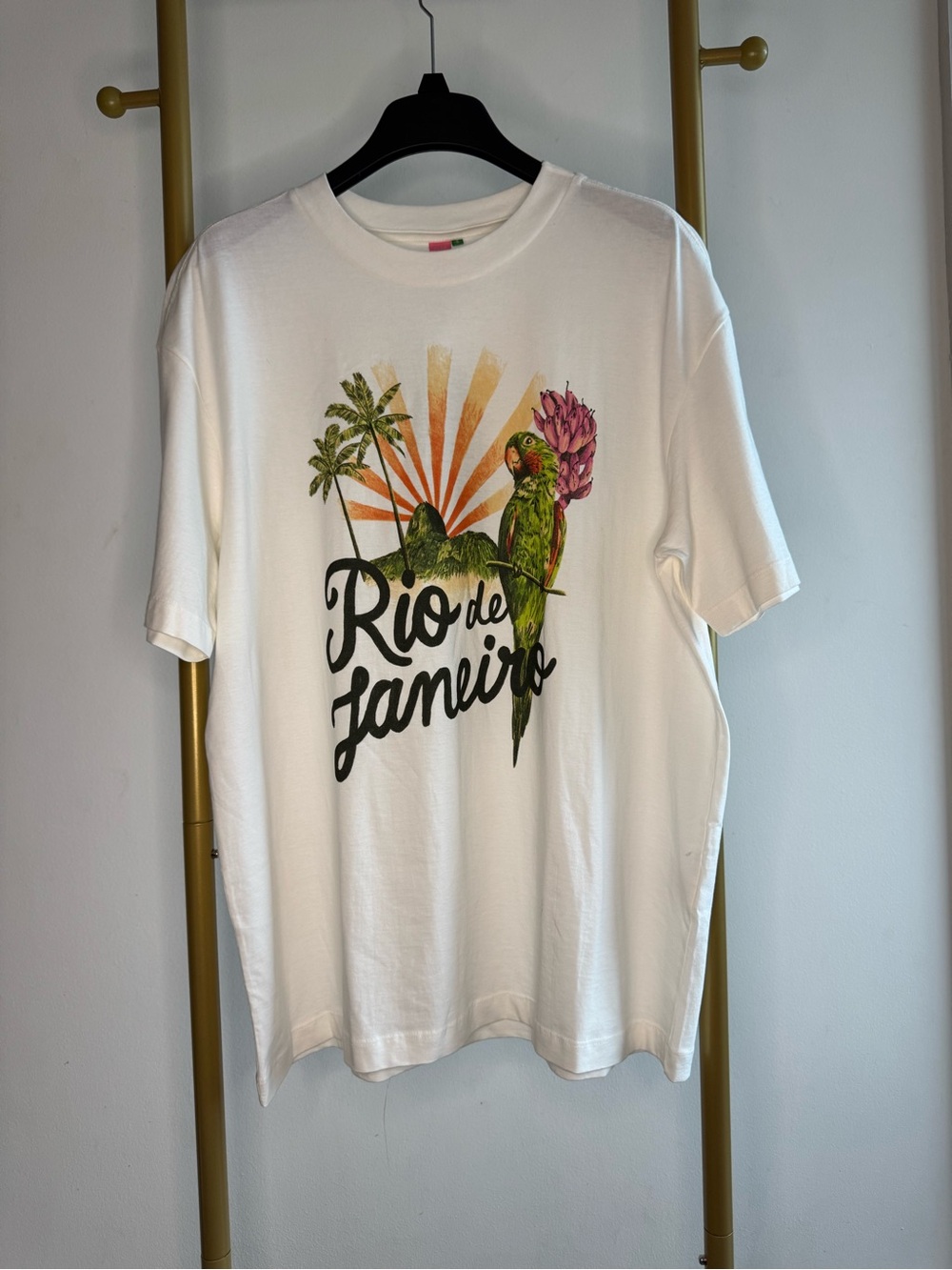 FARM Rio White Tee with Green Parrot and Orange Sunburst